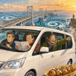 白いミニバンで四国の名所を巡る3人のおっさんず旅イラスト