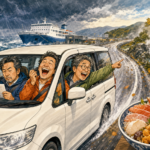 白いミニバンでフェリーと温泉を目指す3人のおっさんず旅イラスト