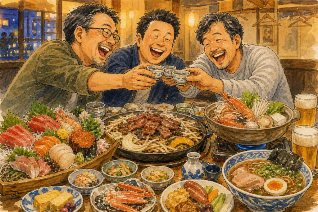 料理を囲んで乾杯する3人旅のイラスト