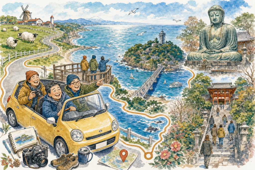 千葉から江の島と鎌倉を巡る3人旅のイラスト