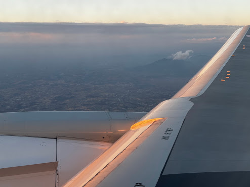 飛行機の窓から見た夕暮れの翼